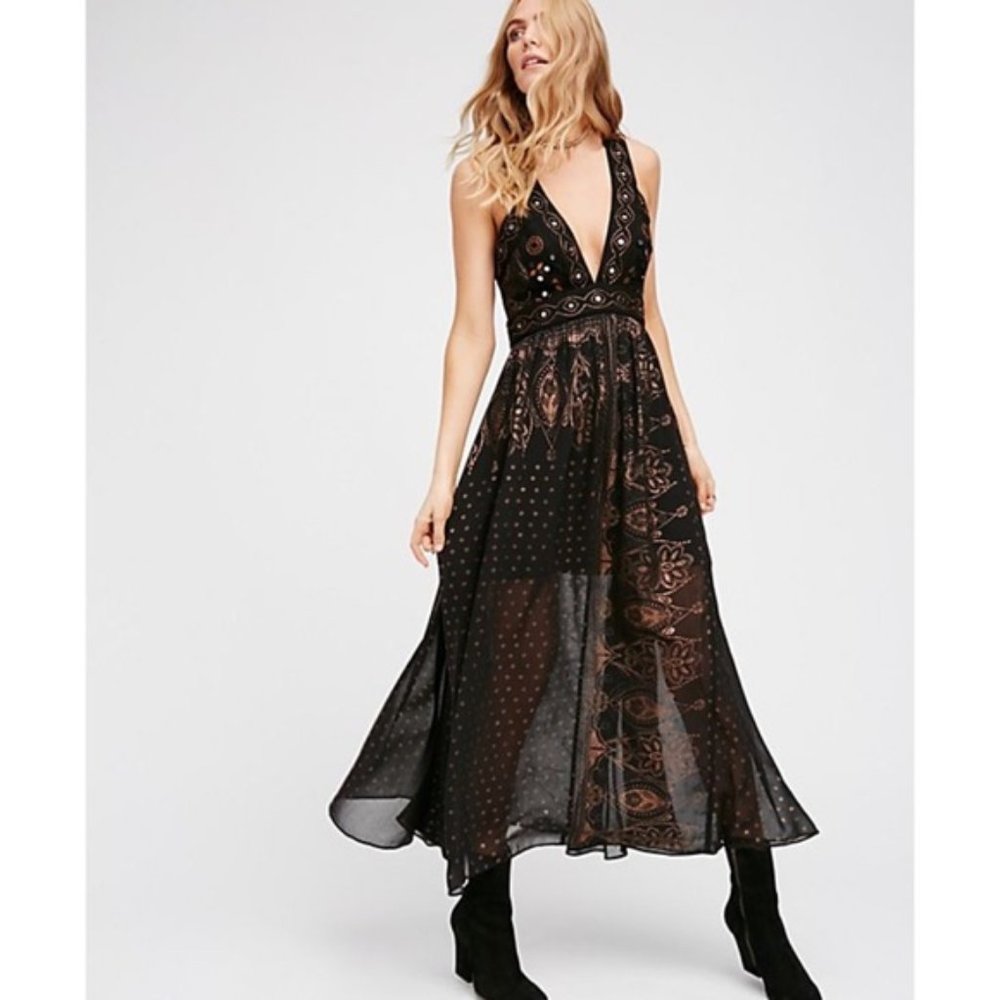 Free People Evening Dior Inspired Embroidered Beaded Black Maxi Dress Size 12